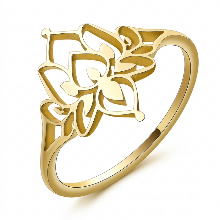 Delicate, detailed open-work filigree gold ring in a stylized lotus flower motif on a pure white background.
