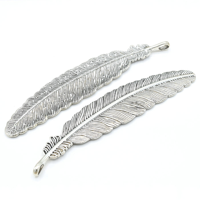 20 x Zinc Alloy Antique Silver Plated Feather Pendants 105x22mm