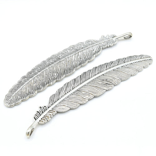 20 x Zinc Alloy Antique Silver Plated Feather Pendants 105x22mm