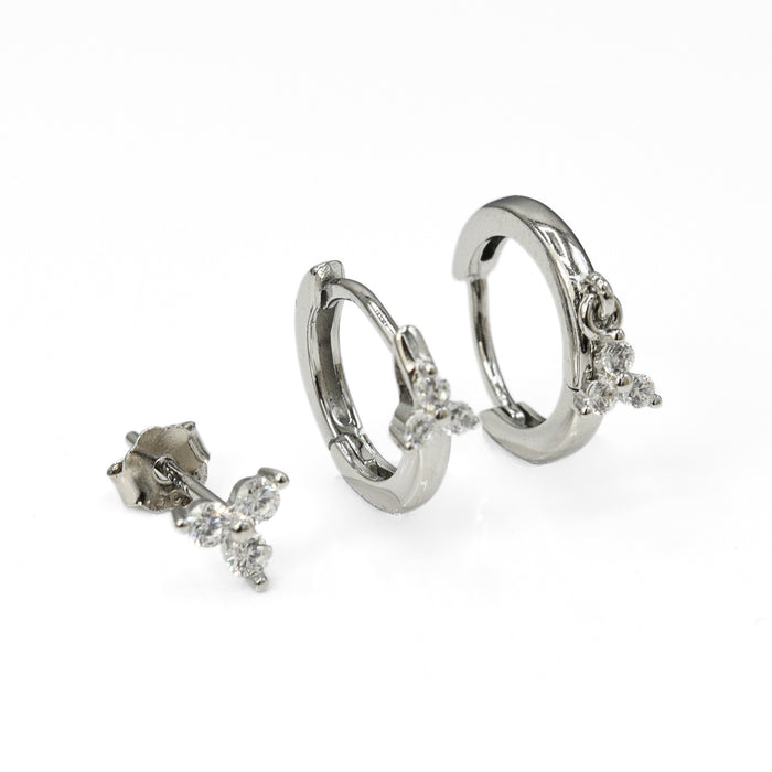 3 Pairs Flower Zirconia Hoop & Stud Earrings Set Sterling Silver 18k Gold Plated / Platinum Plated