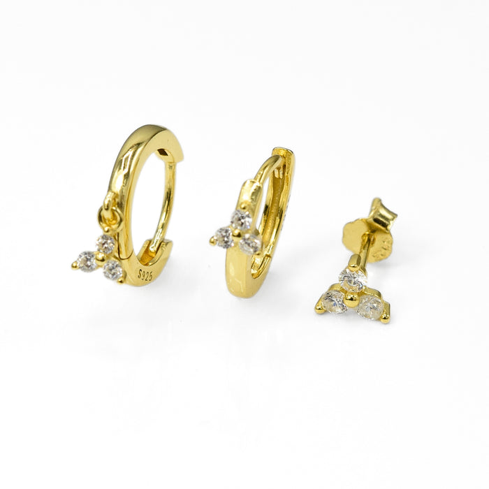 3 Pairs Flower Zirconia Hoop & Stud Earrings Set Sterling Silver 18k Gold Plated / Platinum Plated