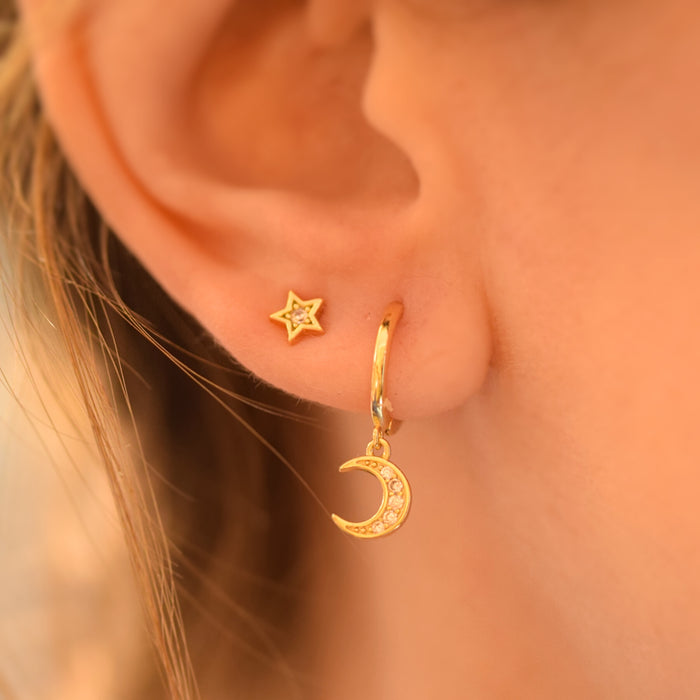3 Pairs Moon and Star Zirconia Hoop & Stud Earrings Set Sterling Silver 18k Gold Plated / Platinum Plated