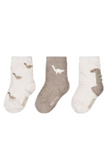 Three pairs of socks with dinosaur patterns on a white background