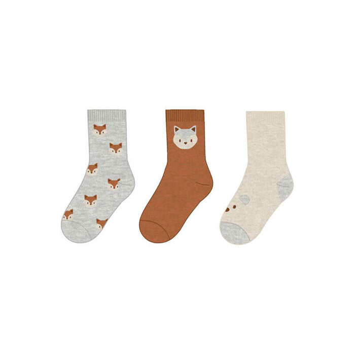 Three pairs of socks with fox designs on a white background