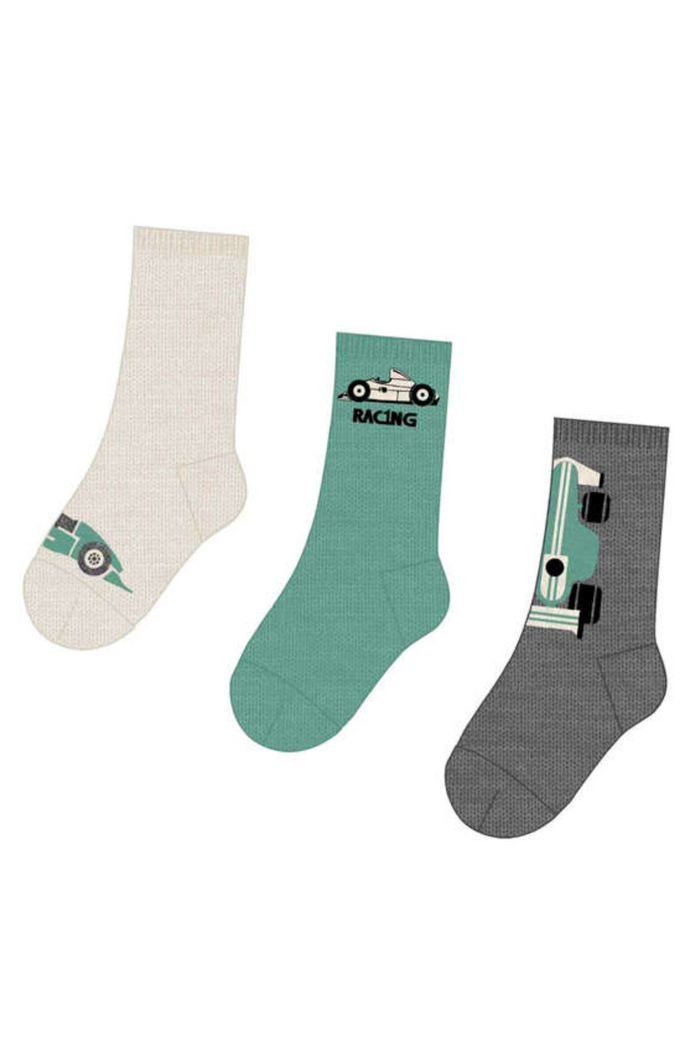 Three socks in white, green, and gray with car designs on a white background