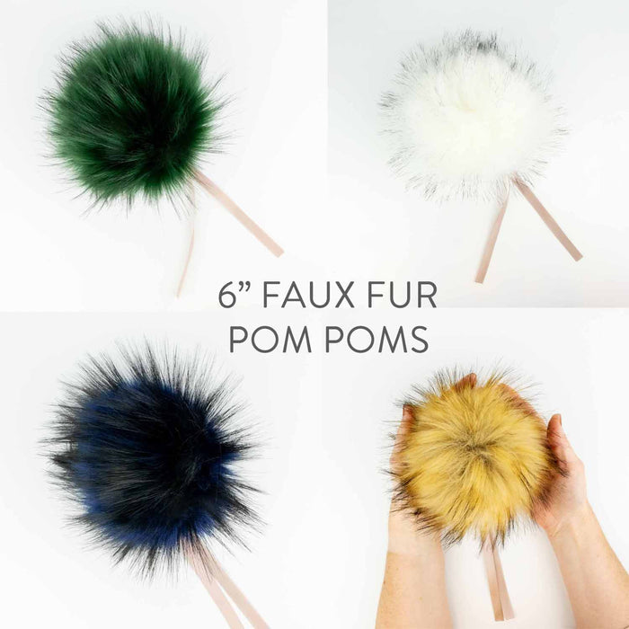 Four 6-inch faux fur pom poms in Forest Green, White, Midnight Blue, and Sable shown with ribbon ties on a white background with text reading 6 inch Faux Fur Pom Poms