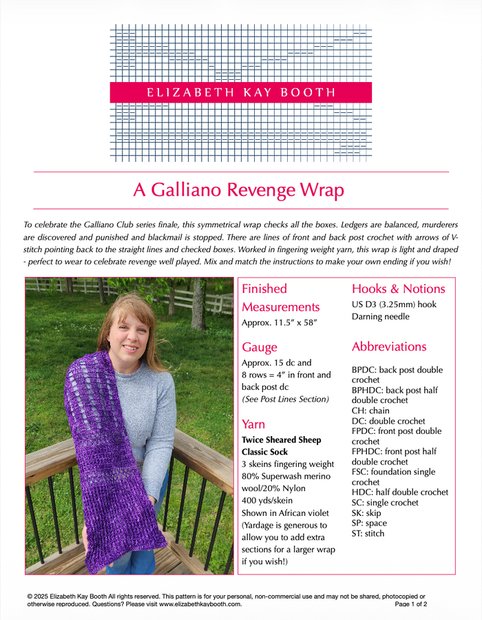 First page of the Galliano Revenge Wrap crochet PDF pattern by Elizabeth Kay Booth, showing a photo of the finished wrap worn by a model alongside pattern details — finished measurements approximately 11.5 by 58 inches, US D3 hook, Twice Sheared Sheep Classic Sock yarn in African Violet, with gauge, abbreviations, and yarn information