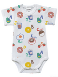 Baby onesie with colorful alphabet and food graphics on a white background