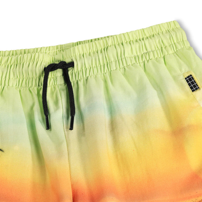 Colorful tie-dye shorts with a black drawstring on a white background