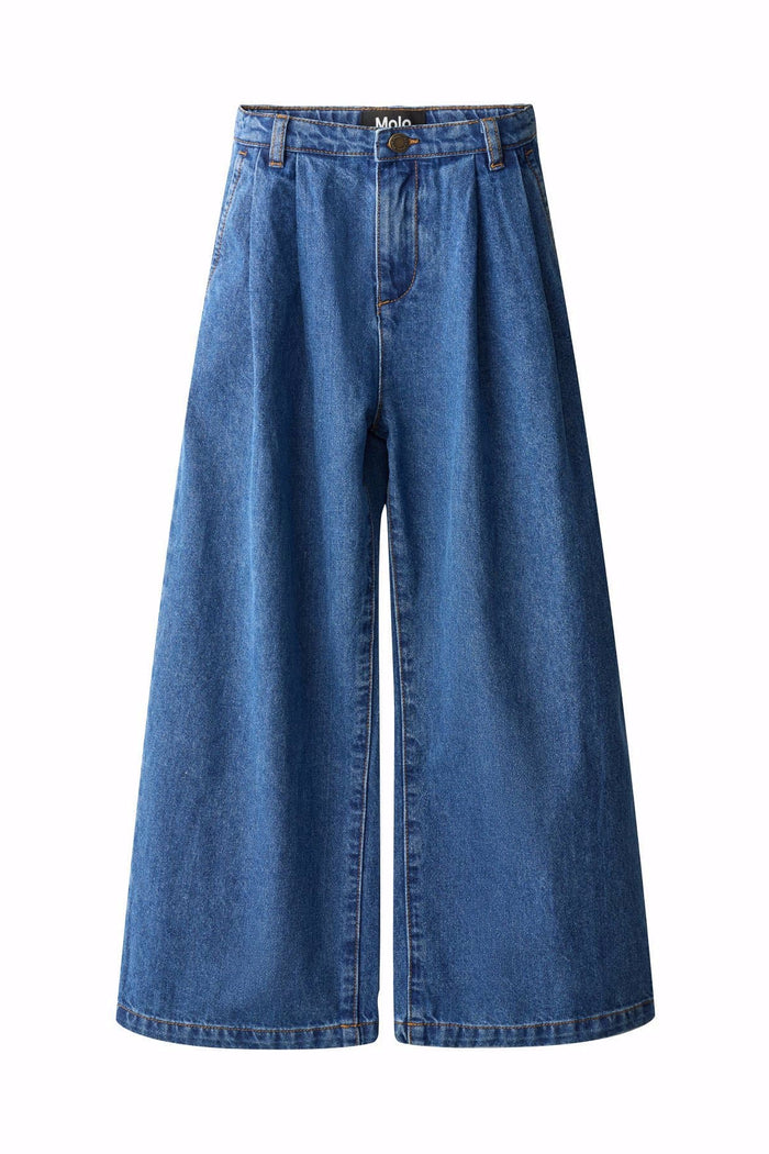 Blue wide-leg jeans on a white background