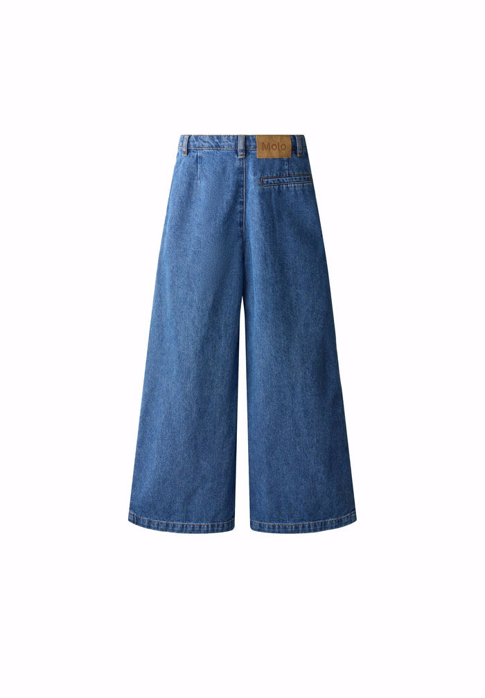 Blue denim wide-leg pants on a white background