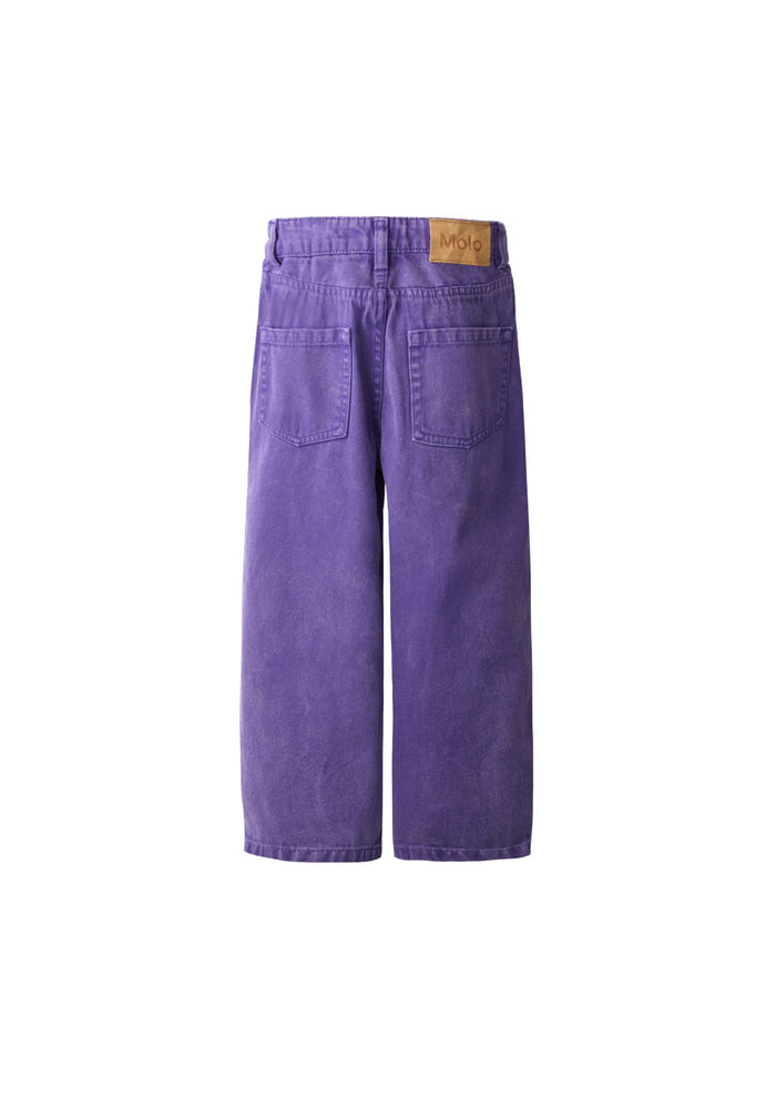 Purple pants with a brand label on a white background
