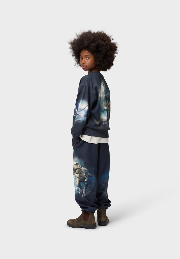 Person wearing a dinosaur theme sweatsuit on a white background
