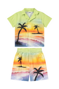 Children's shirt and shorts set with palm tree and sunset design on a white background