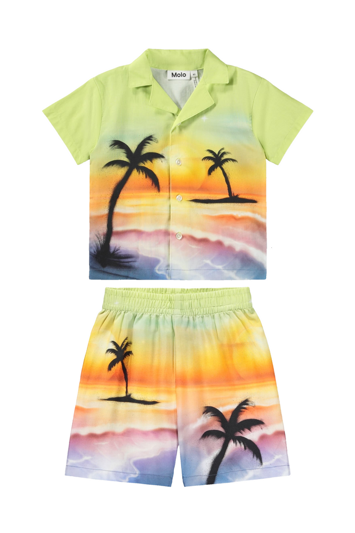 Children's shirt and shorts set with palm tree and sunset design on a white background