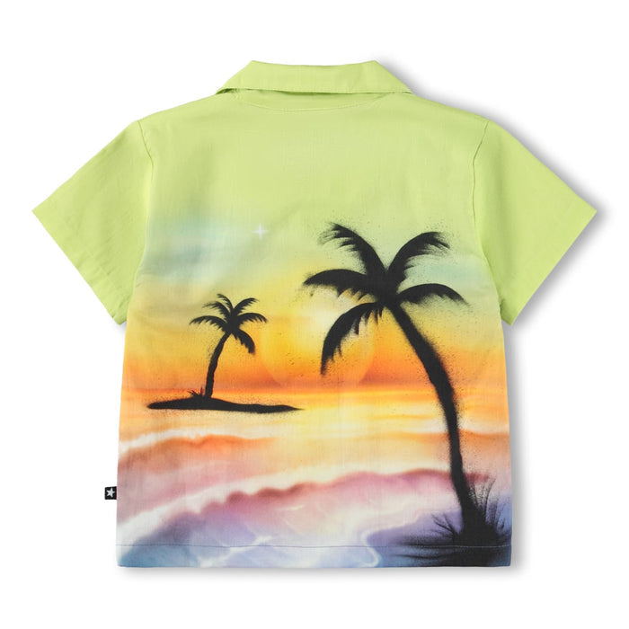Shirt with a tropical design featuring palm trees and a sunset on a white background