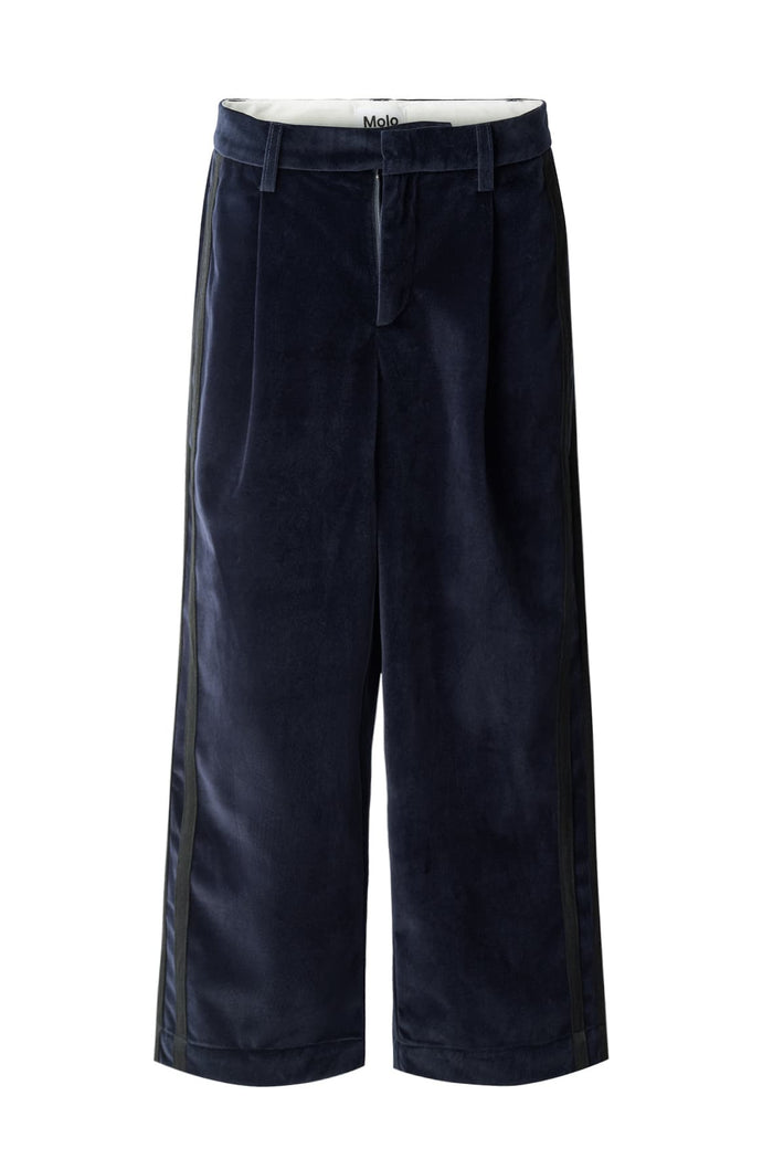 Navy wide-leg pants on a white background
