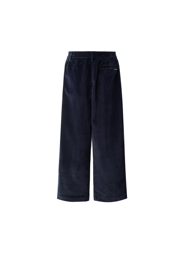 Navy wide-leg pants on a white background
