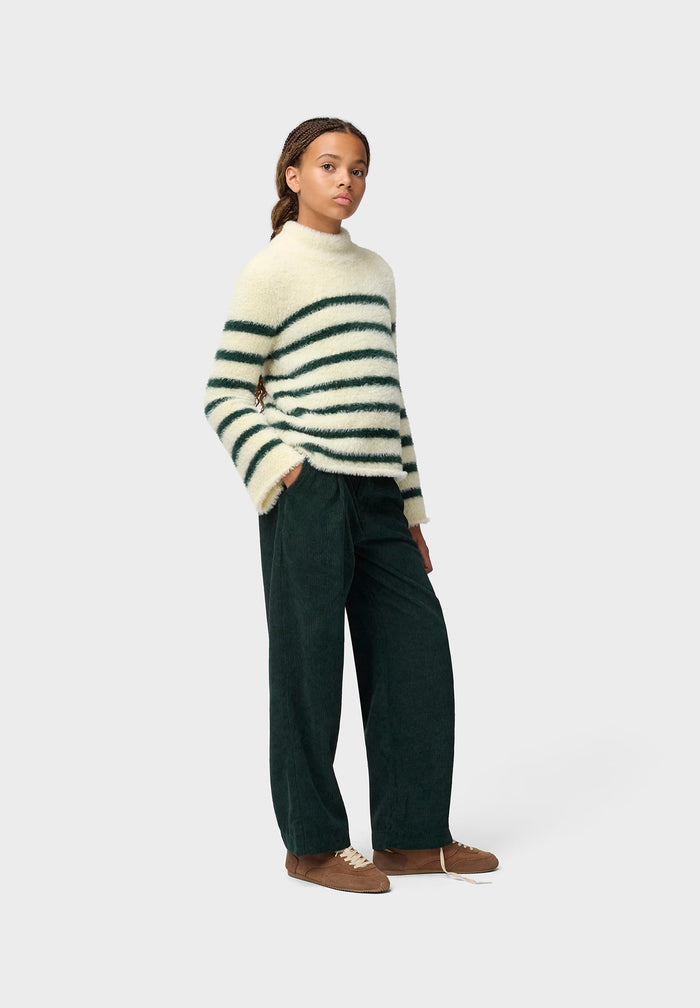 Person wearing a striped sweater and dark pants on a white background
