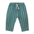 Green and navy blue vertically striped toddler pants with an elastic waistband and white drawstring, shown flat on a white background.