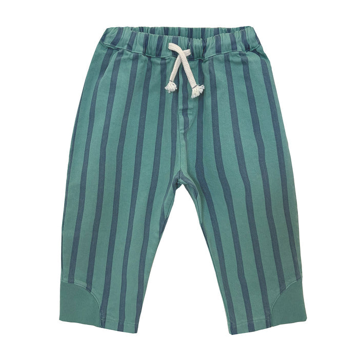 Green and navy blue vertically striped toddler pants with an elastic waistband and white drawstring, shown flat on a white background.