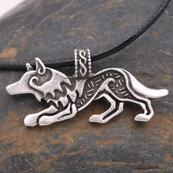 Antique Silver Wolf Pendant Necklace | Norse Fenrir Leather Cord Jewelry