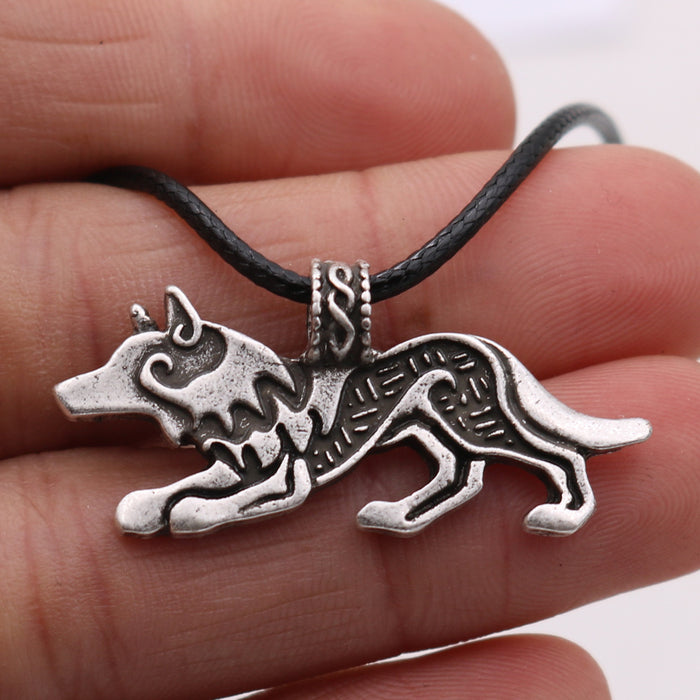 Antique Silver Wolf Pendant Necklace | Norse Fenrir Leather Cord Jewelry