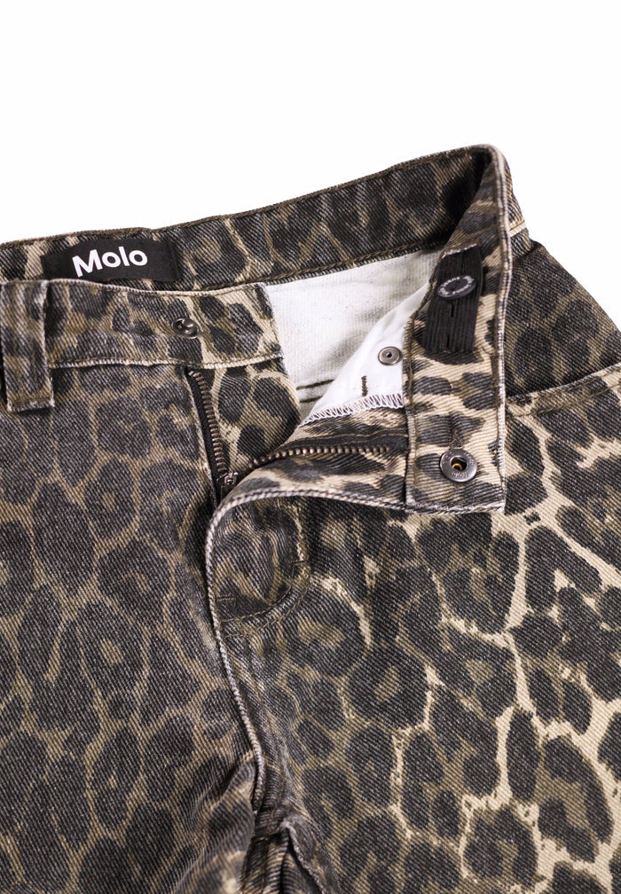 Leopard print denim jeans with Molo label on a white background