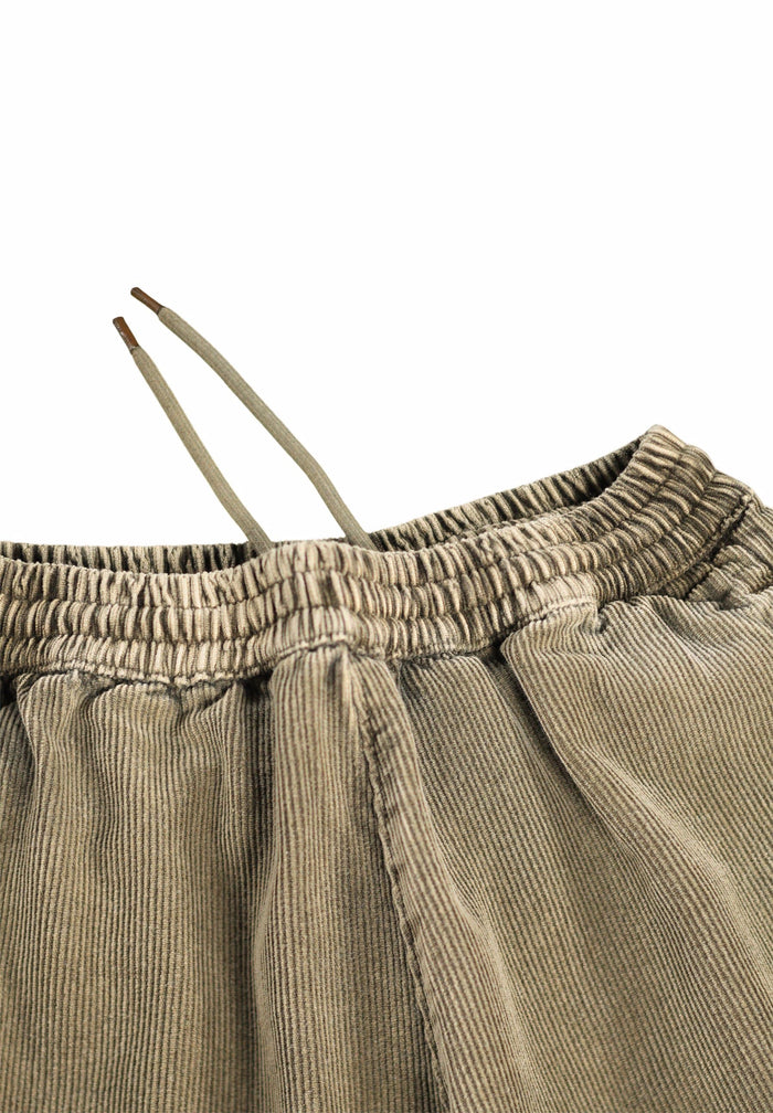 Close-up of beige corduroy pants with a white background