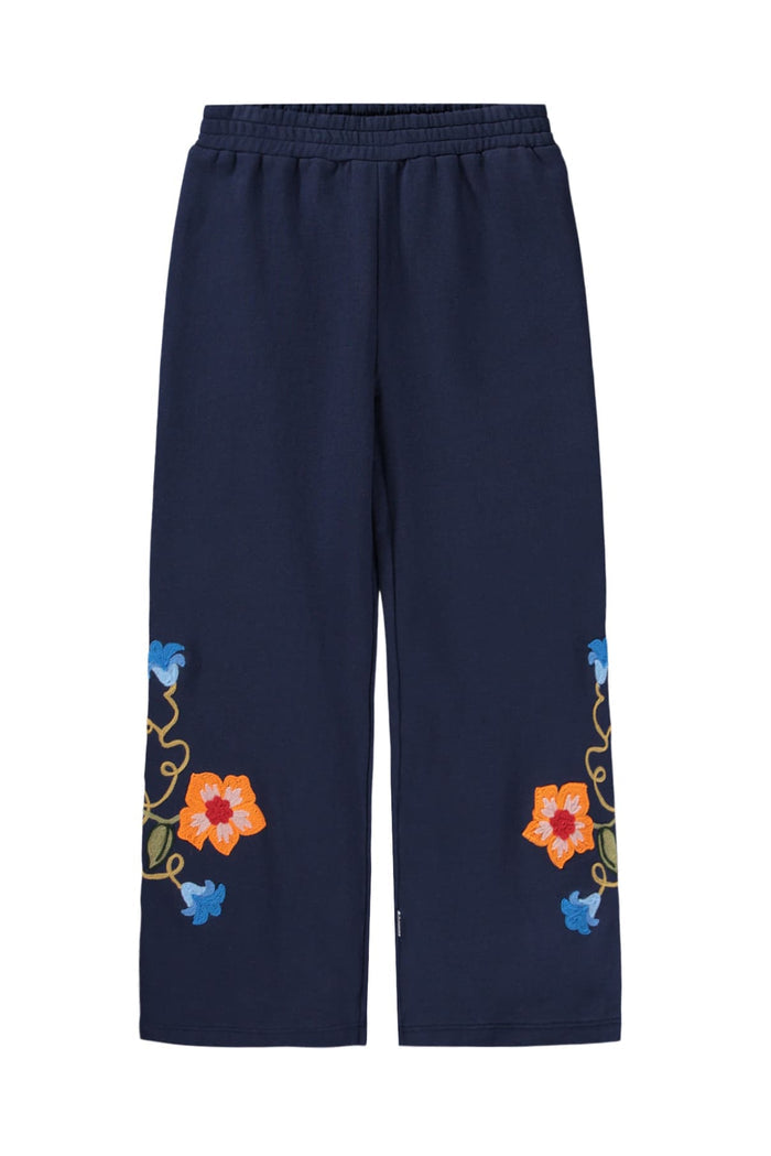 Navy blue pants with floral embroidery on a white background