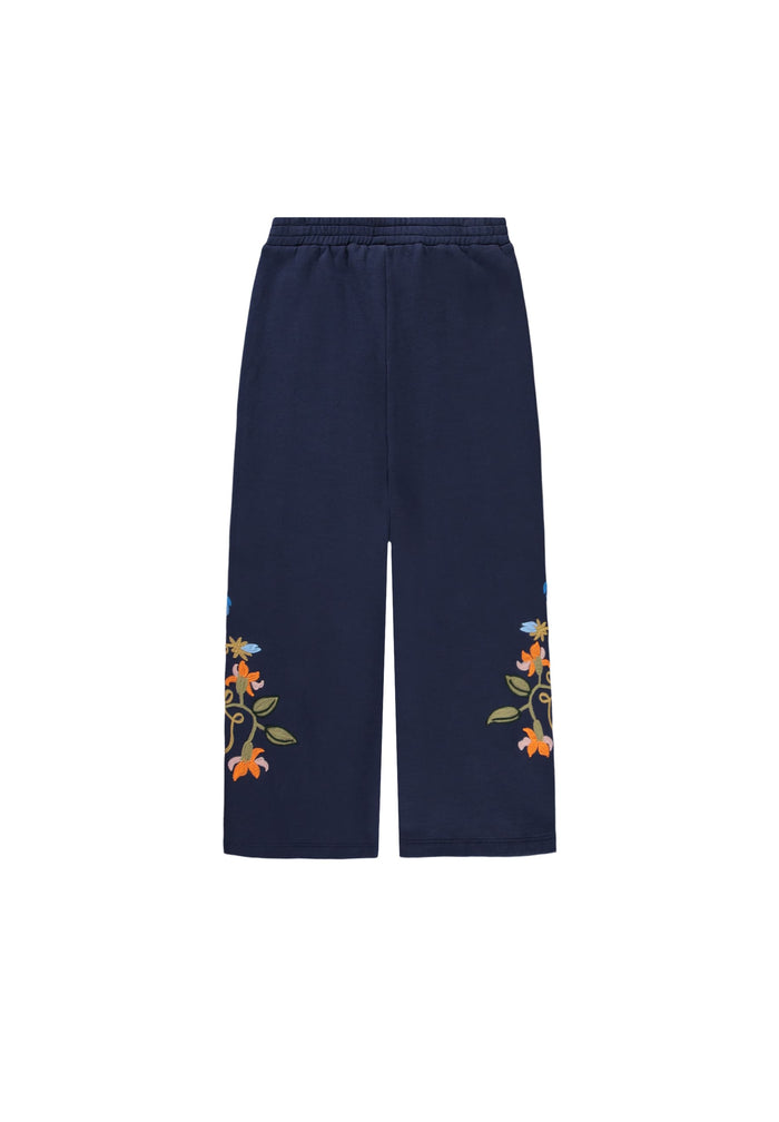 Navy blue pants with floral embroidery on a white background