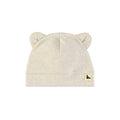 heathered oatmeal ribbed baby beanie with ears and logo tag on white background
