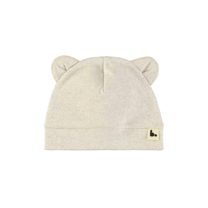 heathered oatmeal ribbed baby beanie with ears and logo tag on white background