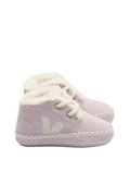 Pair of light purple baby shoes with white laces on a white background