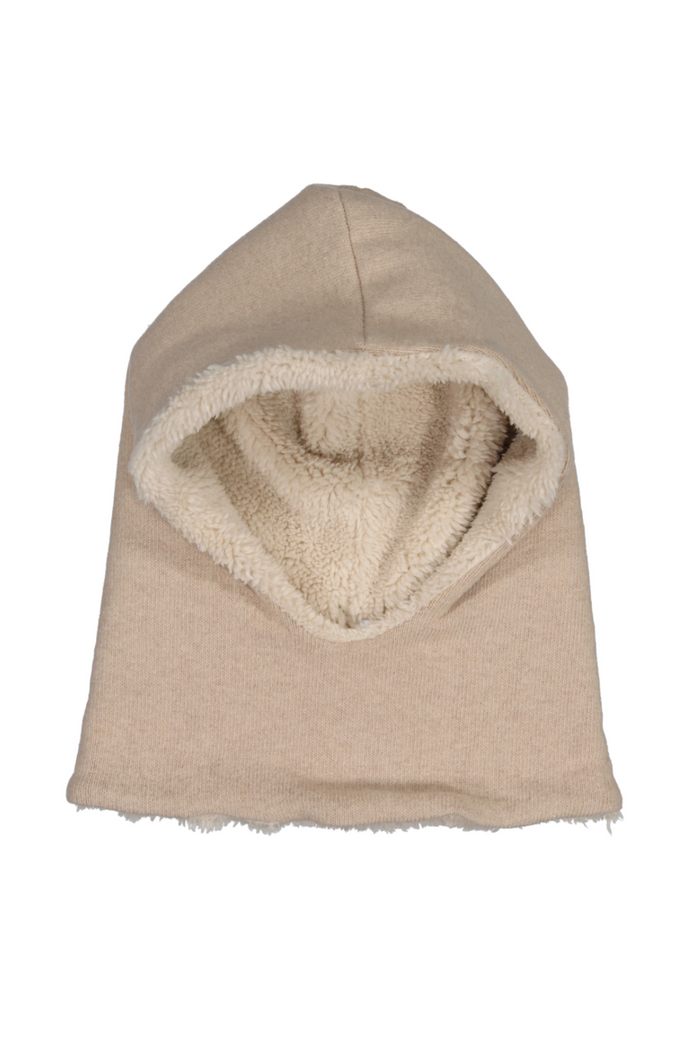 Beige hood with sherpa lining on a white background
