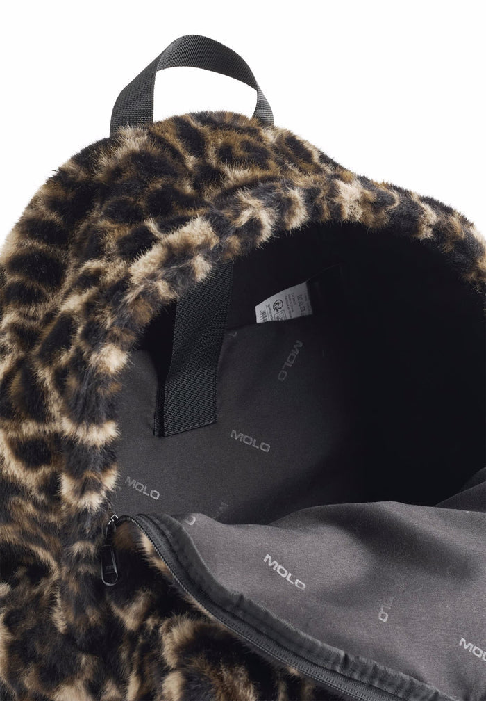 backpack with leopard print and gray interior, featuring the Molo brand.