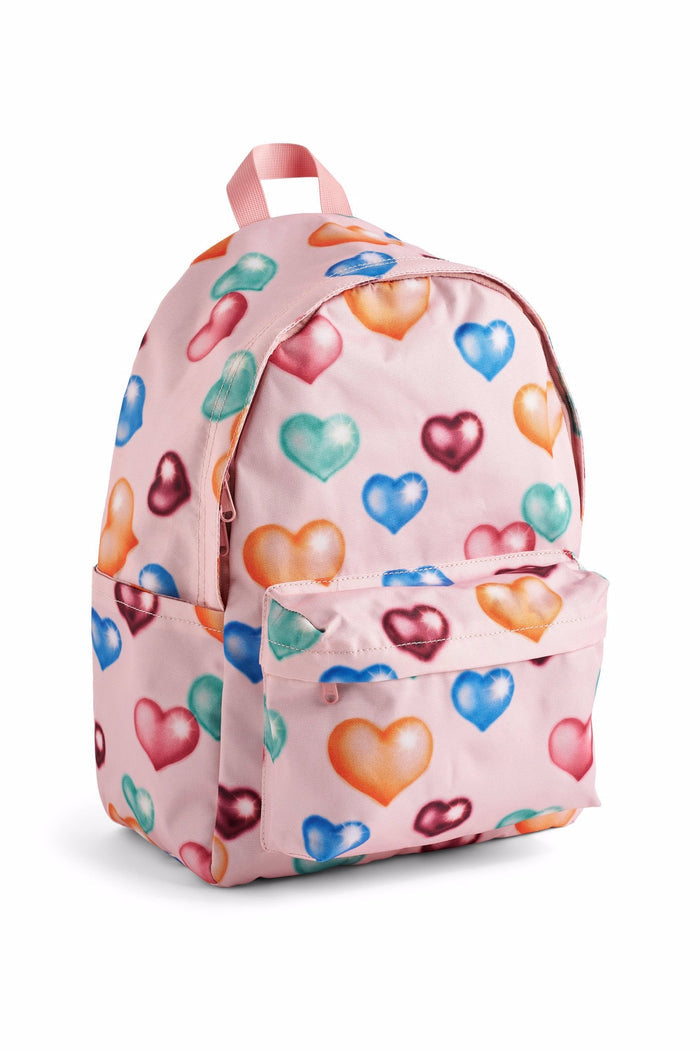 Backpack with colorful heart pattern on a white background