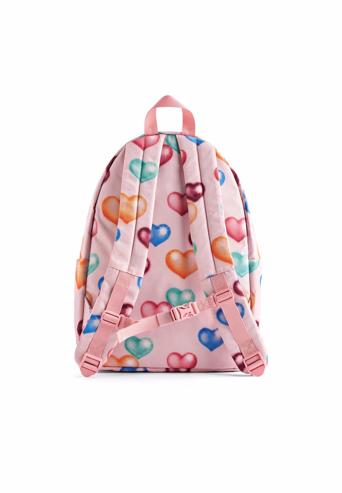 Backpack with colorful heart pattern on a white background