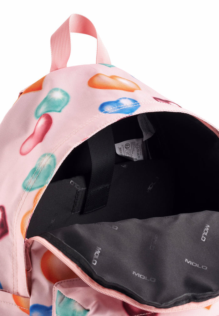 Pink backpack with colorful heart pattern on a white background