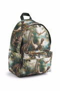 Backpack with nature-themed dinosaur design on a white background