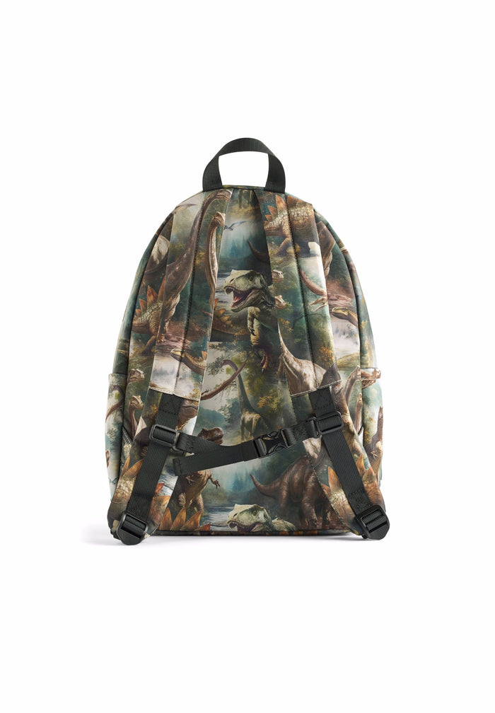 Camouflage dino-patterned backpack on a white background