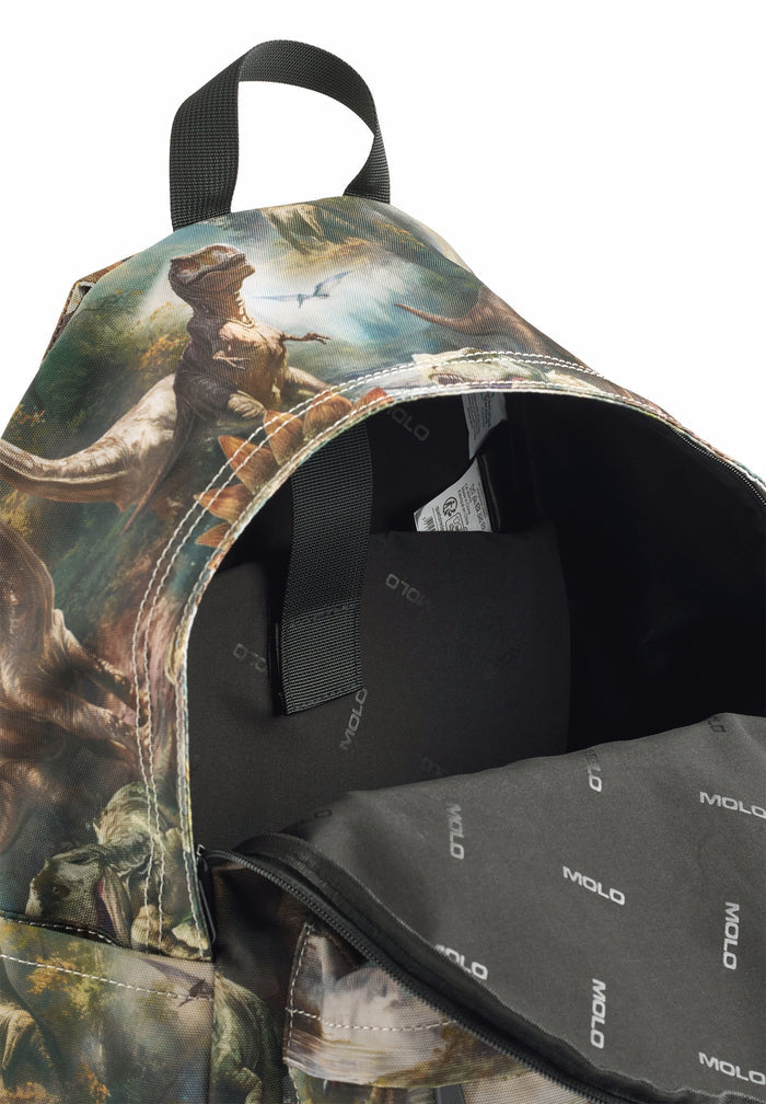 Backpack with dinosaur design open to reveal black interior.