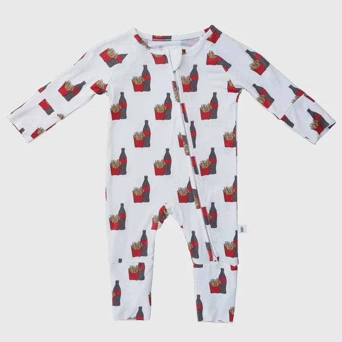 A baby long-sleeve footless one-piece jumpsuit in white, featuring an all-over print of red and black french fries in paper bags with small gold zipper snaps down the front.