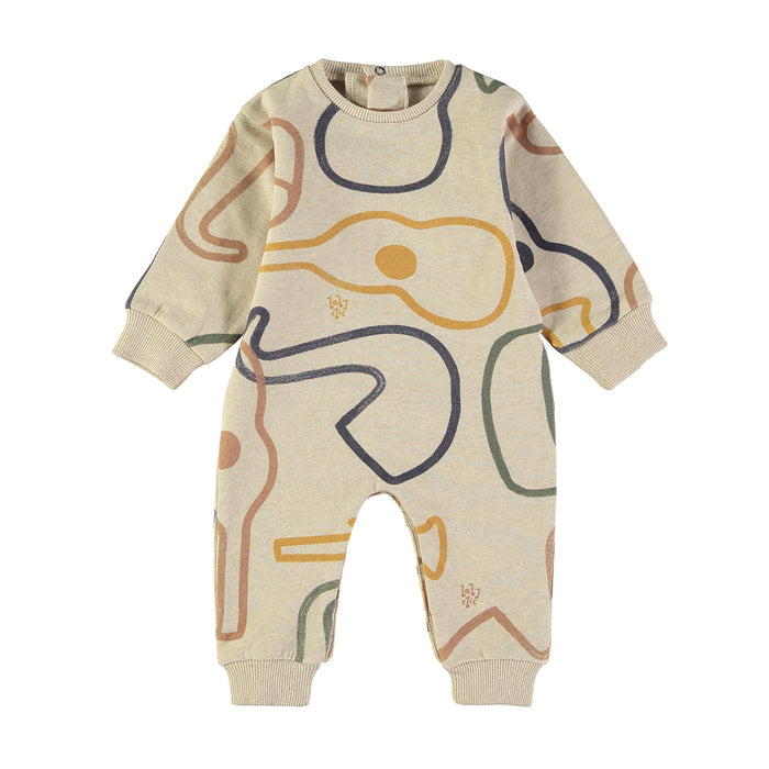 A long-sleeve baby romper in heathered beige with an abstract line art print in mustard yellow, navy blue, and sage green, shown flat on a white background.