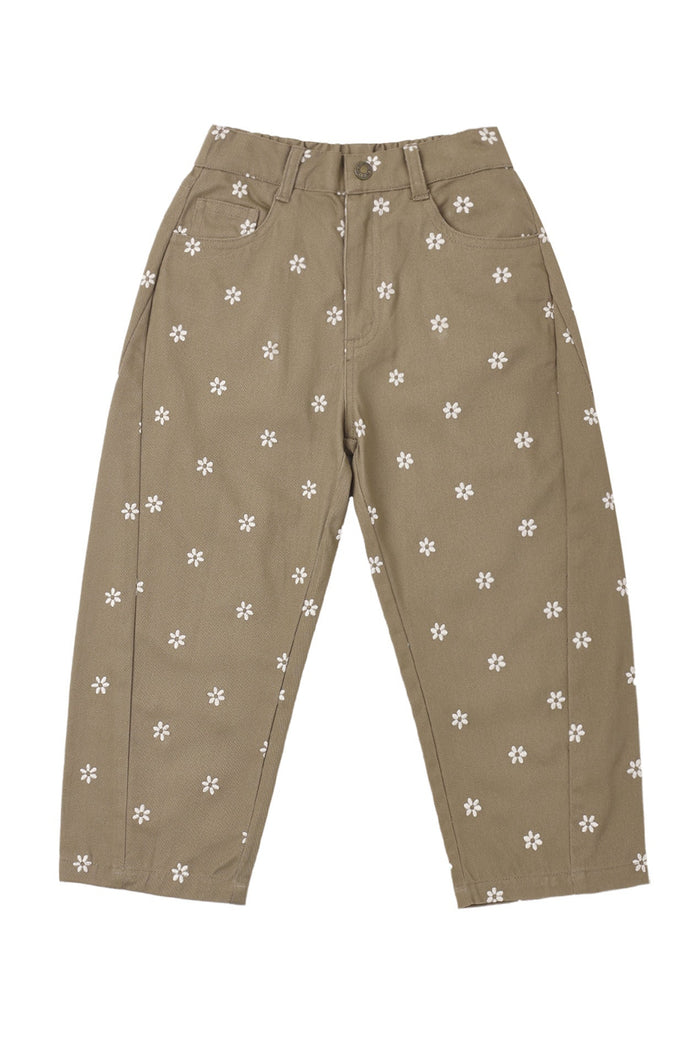 olive pants with white floral pattern on a white background