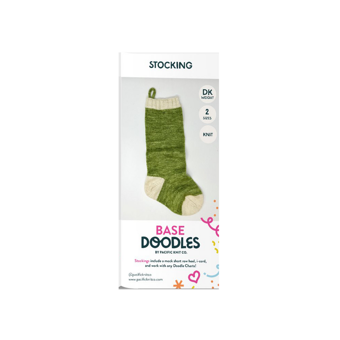 Base Doodles Stocking knitting pattern brochure cover with a green and cream knit stocking
