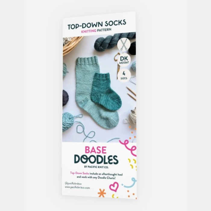 Base Doodles Top-Down Socks DK knitting pattern brochure cover with teal socks