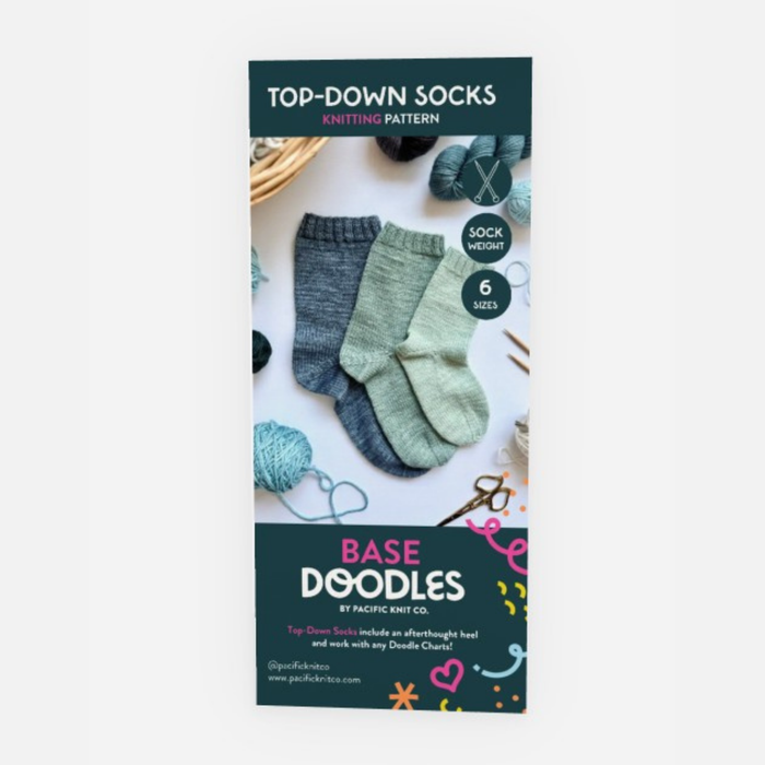 Base Doodles Top-Down Socks Fingering knitting pattern brochure cover with blue and green socks