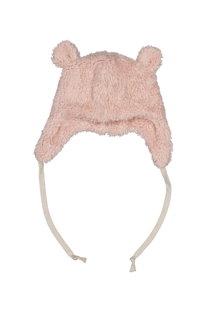 Pink fuzzy beanie with bear ears on a white background