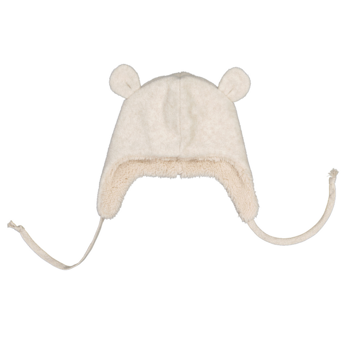 Cream-colored knit baby hat with earflaps on a white background